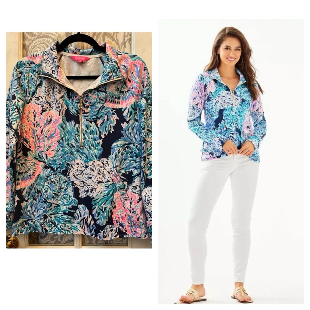 EUC Lilly Pulitzer Skipper popover sweater blue nautical print Size Small